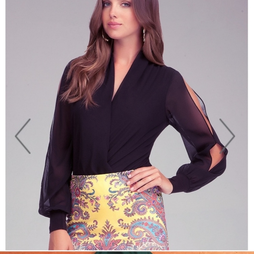 Forest Green BEBE sheer long-sleeve wrap bodysuit